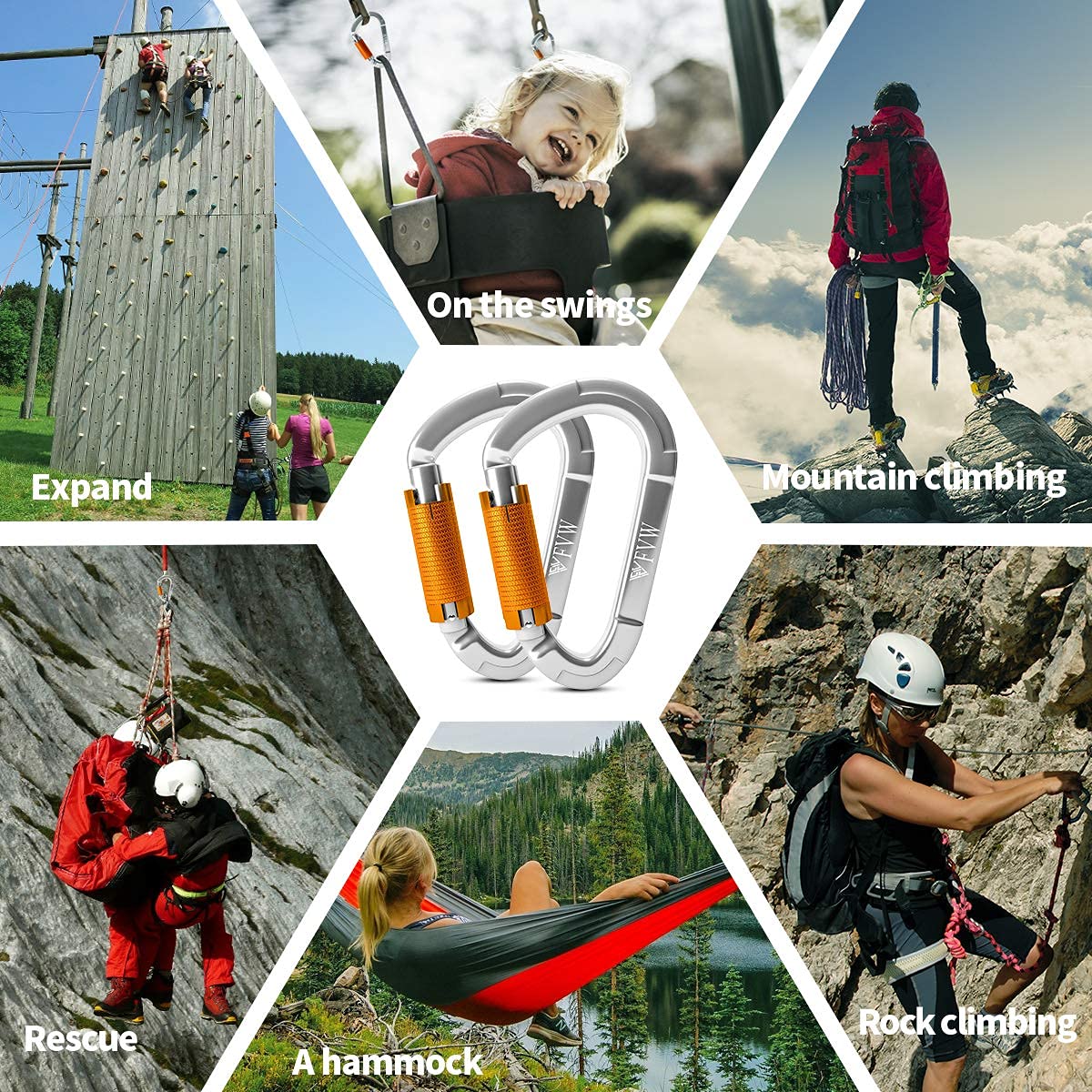 Carabiner Climbing Climbing Gear, 2 pieces UIAA Certified 25KN Auto Locking Carabiner Clips for Hammocks, Swing, Locking Dog Leash and Harness, Camping, Hiking & Utility (Silver)