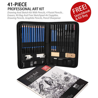 AGPTEK 41pcs Drawing Set - Pencils Sketching Set with 50 sheets Drawing Pad, 5H-8B artist set in Zipper Case, Drawing Accessories Set for Artists, Beginners, Students