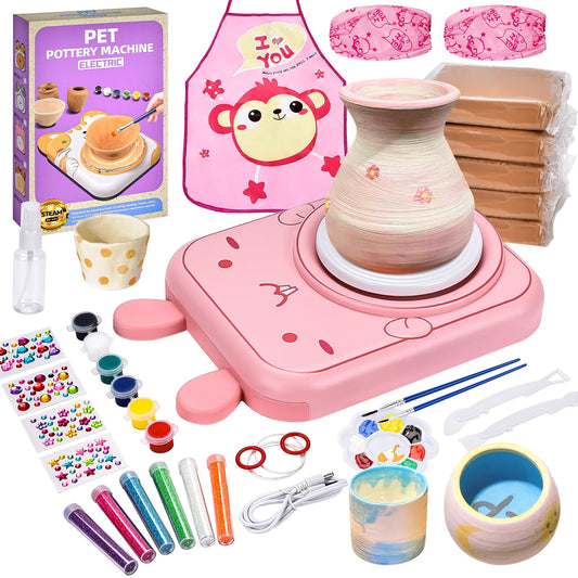 IEEILULU Pottery Set for Kids, Electric Pottery Wheel for Kids, Mini Pottery Wheel with Clay, Colors, Diamond Stickers, Pottery Set DIY Pottery Craft Kit Gifts Girls (Cats)