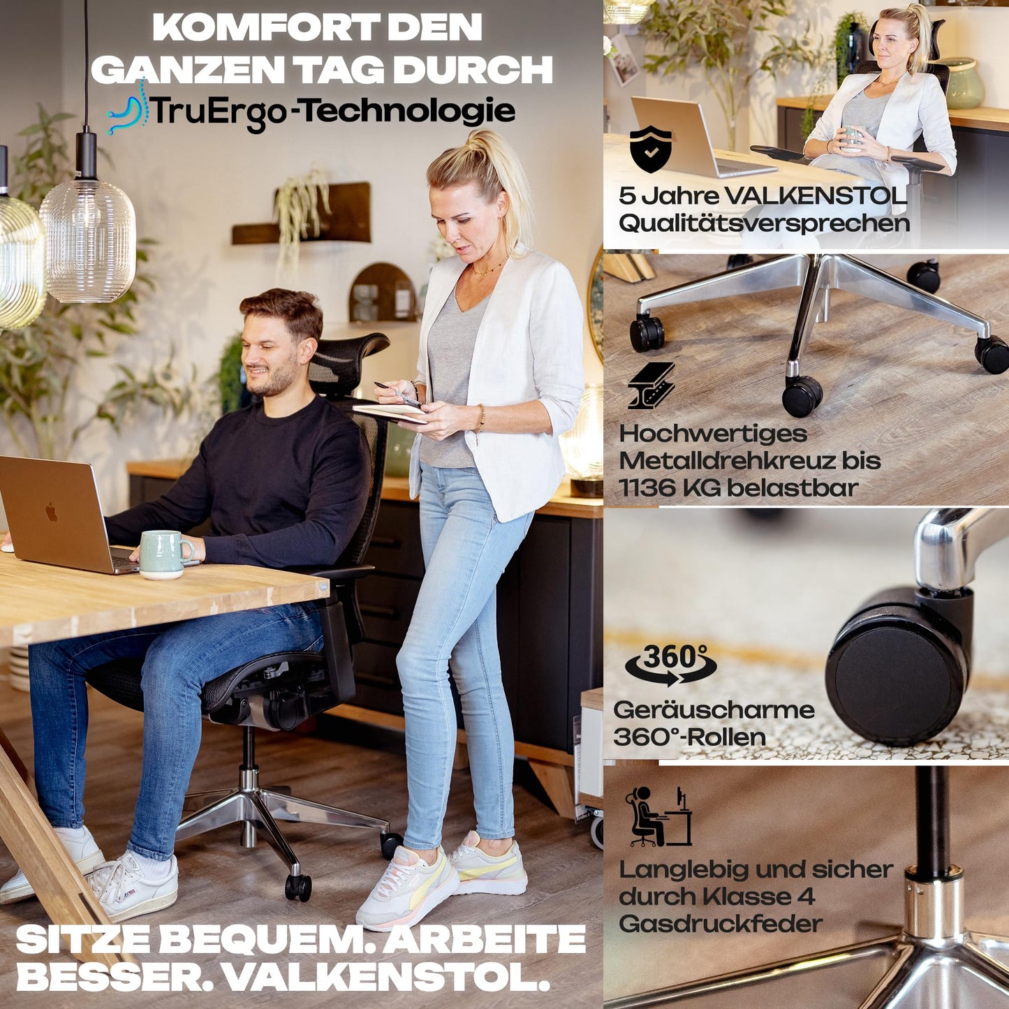 VALKENSTOL M6 office chair Ergonomic award winner | Large people desk chair | Mesh seat office chair with adaptive lumbar support and adjustable backrest for healthy sitting Executive chair