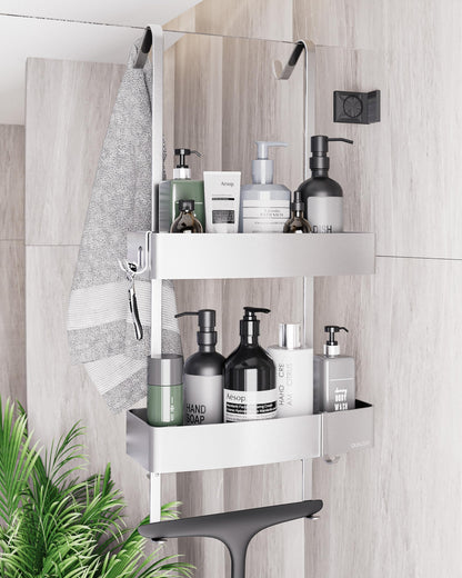 QUALISH® hanging shower caddy - shower shelf to hang on the shower wall - hanging shower basket with glass protection and additional hooks - hanging shower caddy without drilling - silver metallic