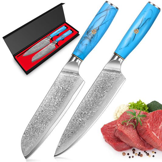 Home safety 2-piece damascus knife set, damascus santoku knife set kitchen knife set made of 67 layers of VG-10 damascus steel, professional damascus chef knife set with ergonomic natural resin handle, gift box.