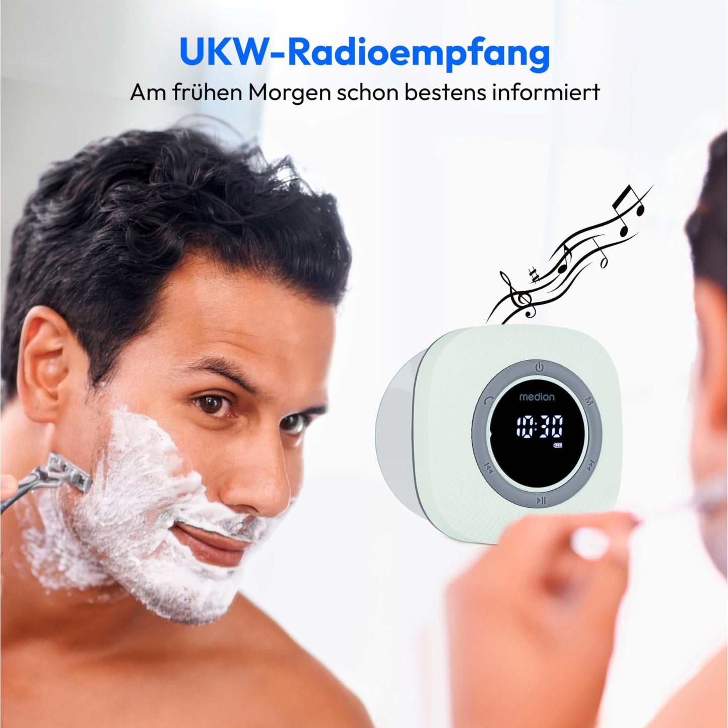 MEDION S66884 shower radio with Bluetooth (bathroom radio, FM radio, suction cup, LED display, IPX6 waterproof, built-in battery, MD43884) green