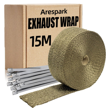 Arespark heat shield tape 15M, exhaust heat shield tape made of basalt fiber, golden exhaust tape with 12 stainless steel cable ties, for motorcycle and car exhaust headers.