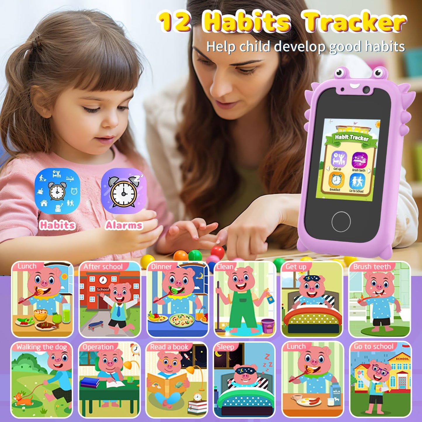 Ashfly Children's Mobile Phone, 2.4" Kids Smartphone with Touchscreen, 1080 HD Dual Camera, SD Card, 13 Games, Unicorn Gifts Toy for Kids aged 3-10, Purple.