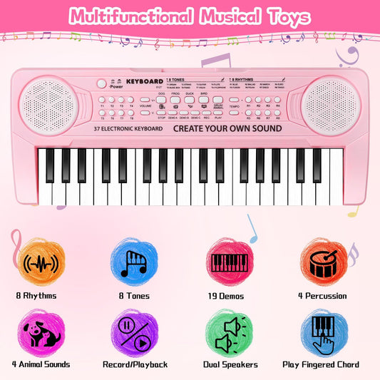 Hilifexll Keyboard for Kids 3+, Portable Multifunctional Children's Keyboard with 37 Keys and Microphone, Musical Toy Piano Keyboard Learning Toy Gift for Boys Girls 3-6 Years Old, Pink.