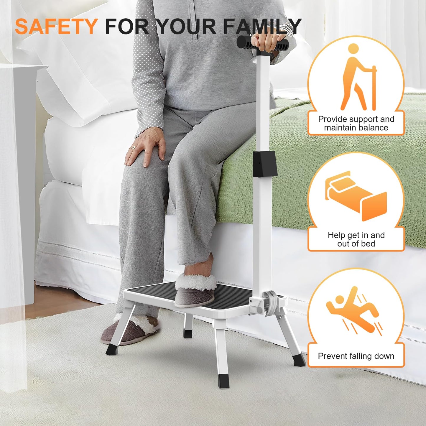 Xtsuen step stool with handle, folding step ladder, one-step ladder with non-slip tread for adults, elderly, and children in kitchen, bathroom, and house, up to 150 kg capacity.
