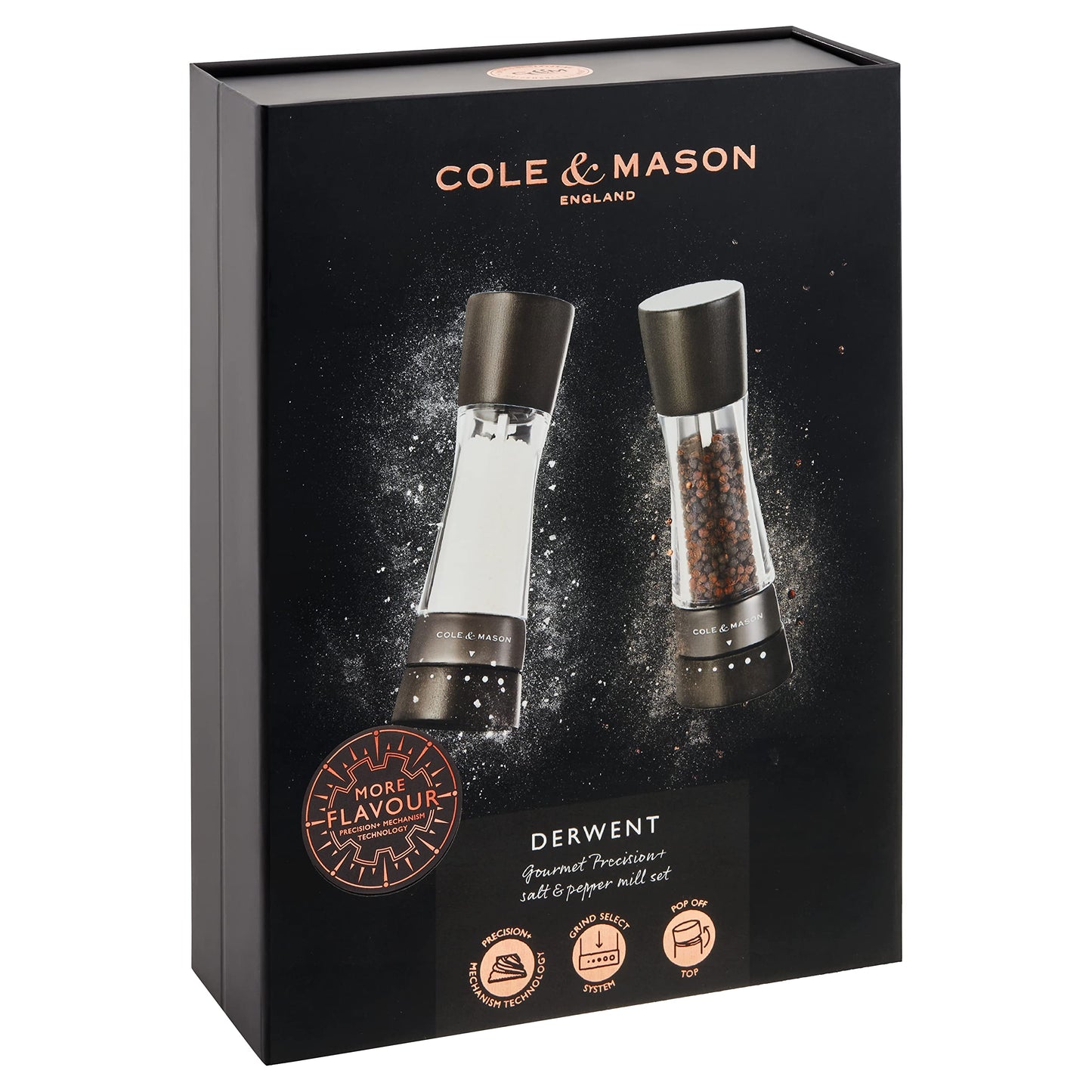 Cole & Mason Derwent Dark Wood Salt and Pepper Mill, Spice Grinder, 2-Piece Set Manual with Adjustable Ceramic Grinding Mechanism, Stainless Steel/Acrylic, 190mm, Precision+, Gift Set