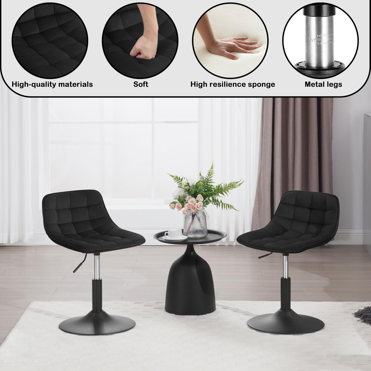 WOLTU vanity chair stool for vanity, bedroom & dining room - height adjustable, 360° swivel with backrest, made of comfortable velvet, black, BH300sz-1