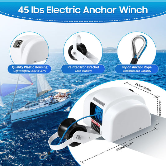 LENJKYYO 45LBS 12V Electric Anchor Winch with Wireless Remote Control Marine Anchor Winch Saltwater Boat Electric Anchor Windlass Anchor Winch for Anchors up to 45LBS