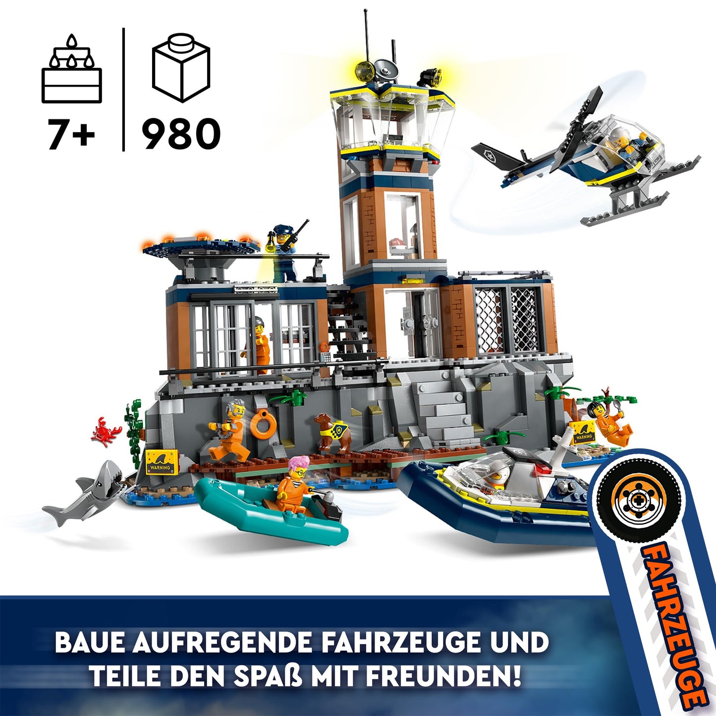 LEGO City Police Station on the Prison Island, police toy with helicopter, boat, and shark, set with 7 minifigures and dog, birthday gift for boys and girls aged 7 and up 60419