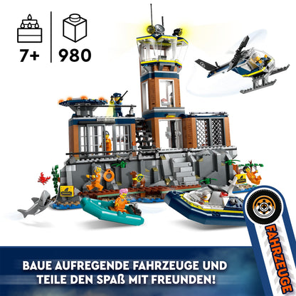 LEGO City Police Station on the Prison Island, police toy with helicopter, boat, and shark, set with 7 minifigures and dog, birthday gift for boys and girls aged 7 and up 60419