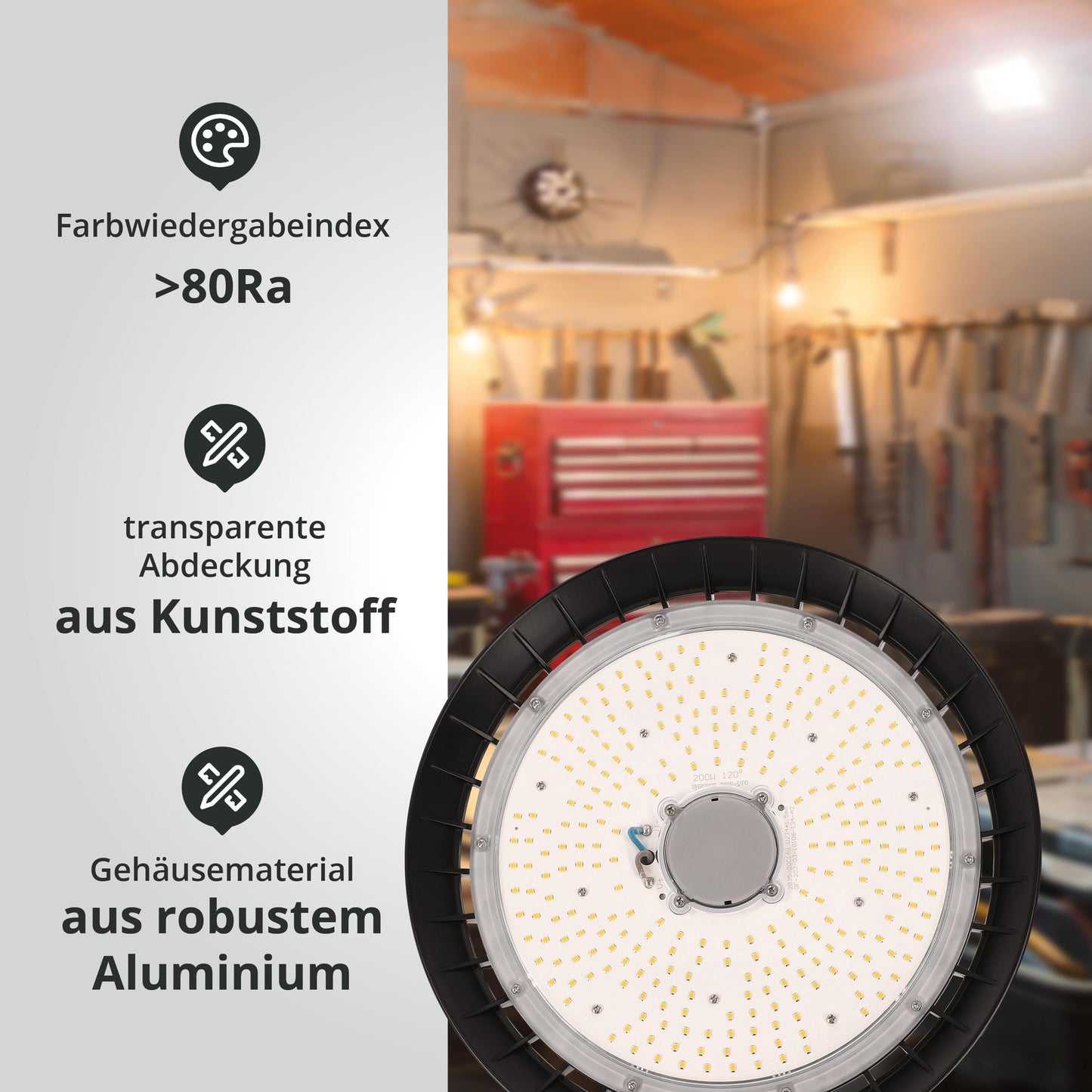 200W LED high bay warehouse luminaire with PREMIUM brand driver dimmable (1-10V) daylight white 6000K 30,000lm 150lm/W 120° IP65 UFO industrial lamp workshop lighting Ø324xH136mm 5-year warranty