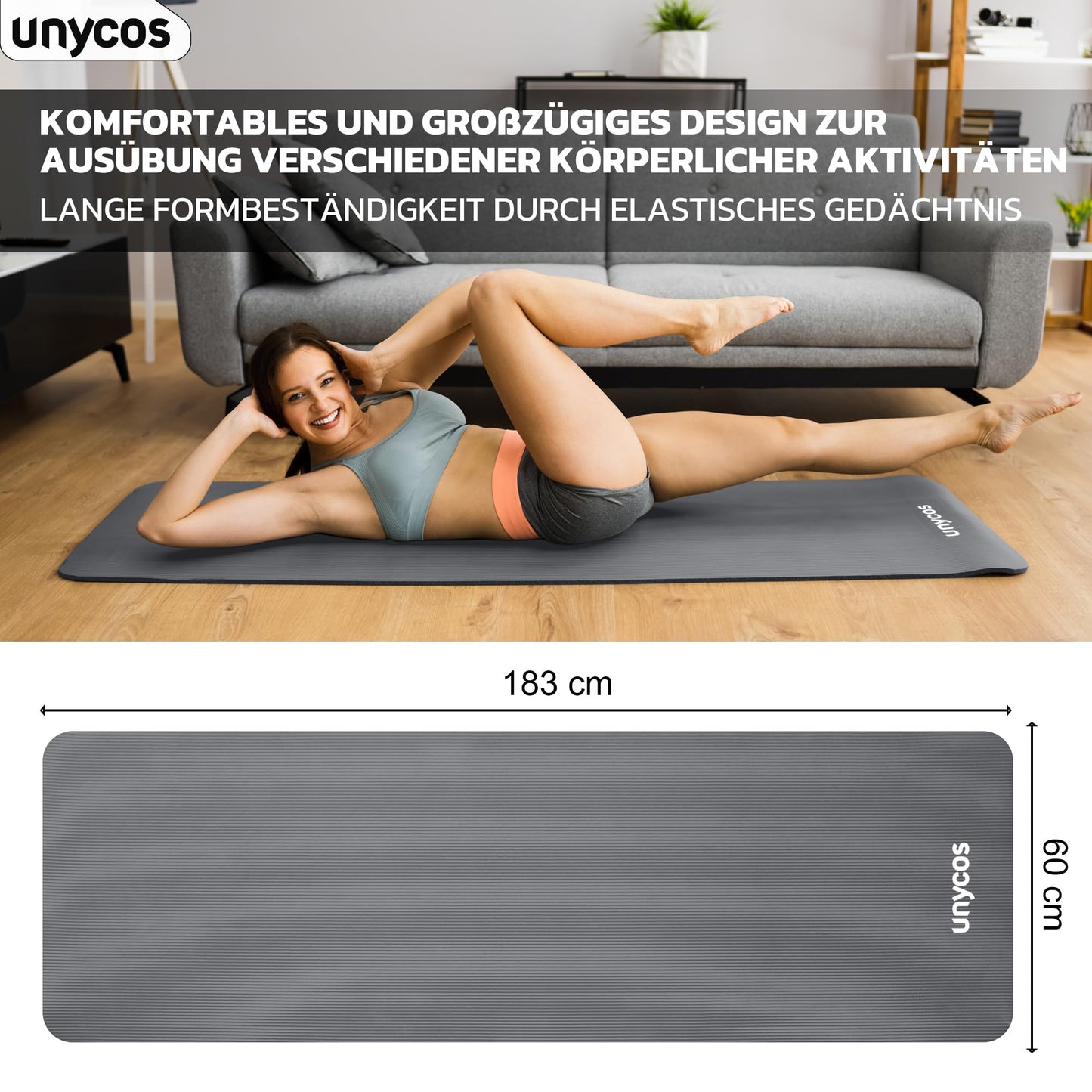 unycos - Gymnastics Mat - Yoga Mat Non-Slip【183x60 cm】NBR 15 mm Thickness | Includes Carry Strap and E-Book with Exercises, Non-Toxic Exercise Mat for Fitness, Pilates & Gym, Home Workout (Gray)