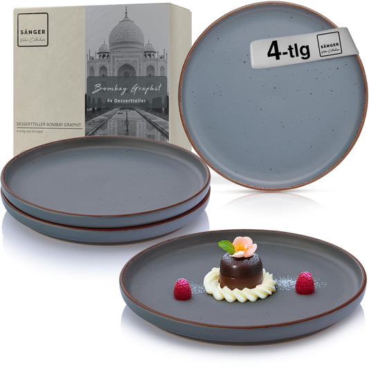 Singer Bombay Graphite | Dessert plates set of 4, Stoneware breakfast plates for 4, Cake plates small plates dishwasher safe microwave safe, Stoneware dinnerware grey blue | VALUE COLLECTION