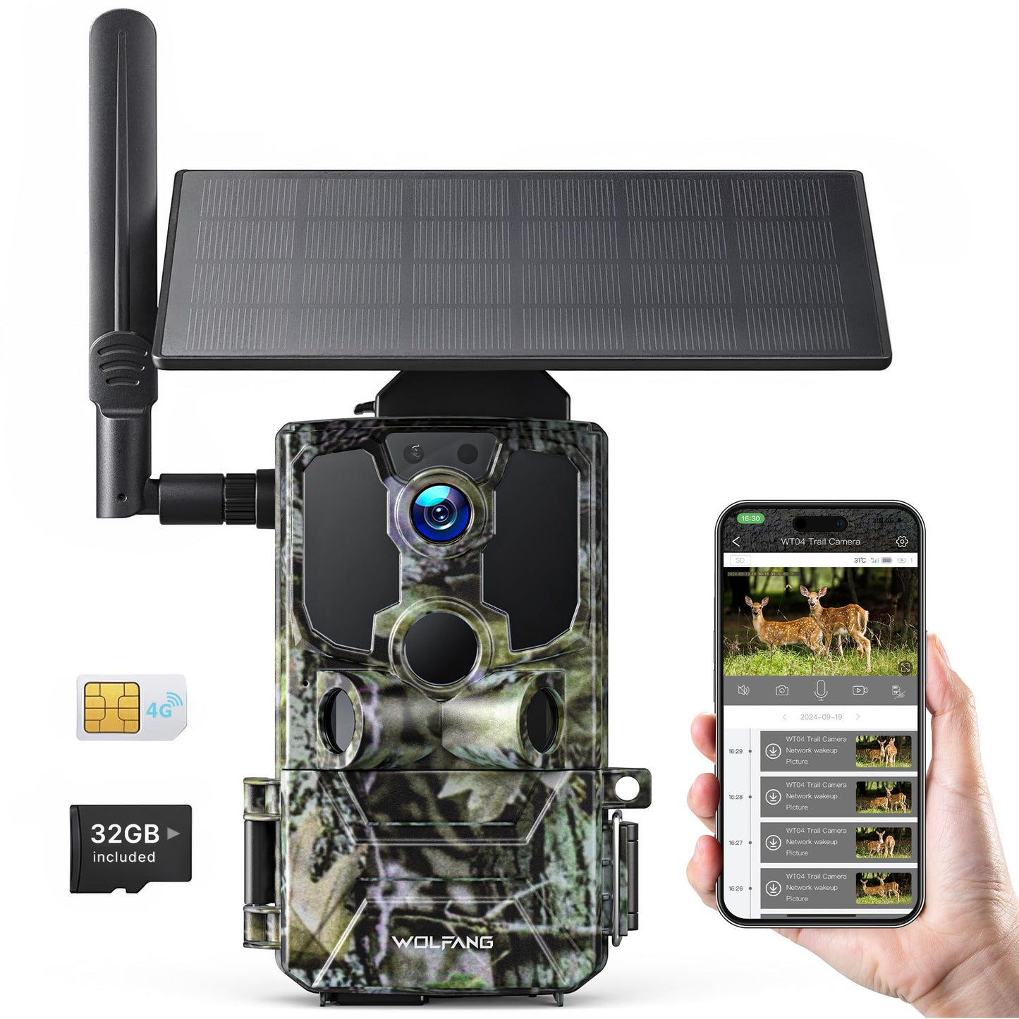 WOLFANG wildlife camera, 2.5K 4G LTE live solar transmission camera with mobile app, real-time alert, super infrared night vision camera with 7800mAh battery, 32GB SD card, 2-way audio IP66.