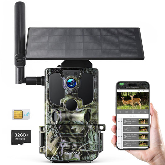 WOLFANG wildlife camera, 2.5K 4G LTE live solar transmission camera with mobile app, real-time alert, super infrared night vision camera with 7800mAh battery, 32GB SD card, 2-way audio IP66.