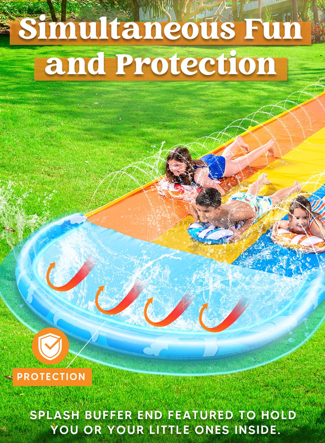 Sloosh 22.5ft x 84in/685.8*213.3cm Waves Triple Garden Water Slide, durable water slide with 3 bodyboards and sprinkler for kids and adults, summer water toy for the garden.