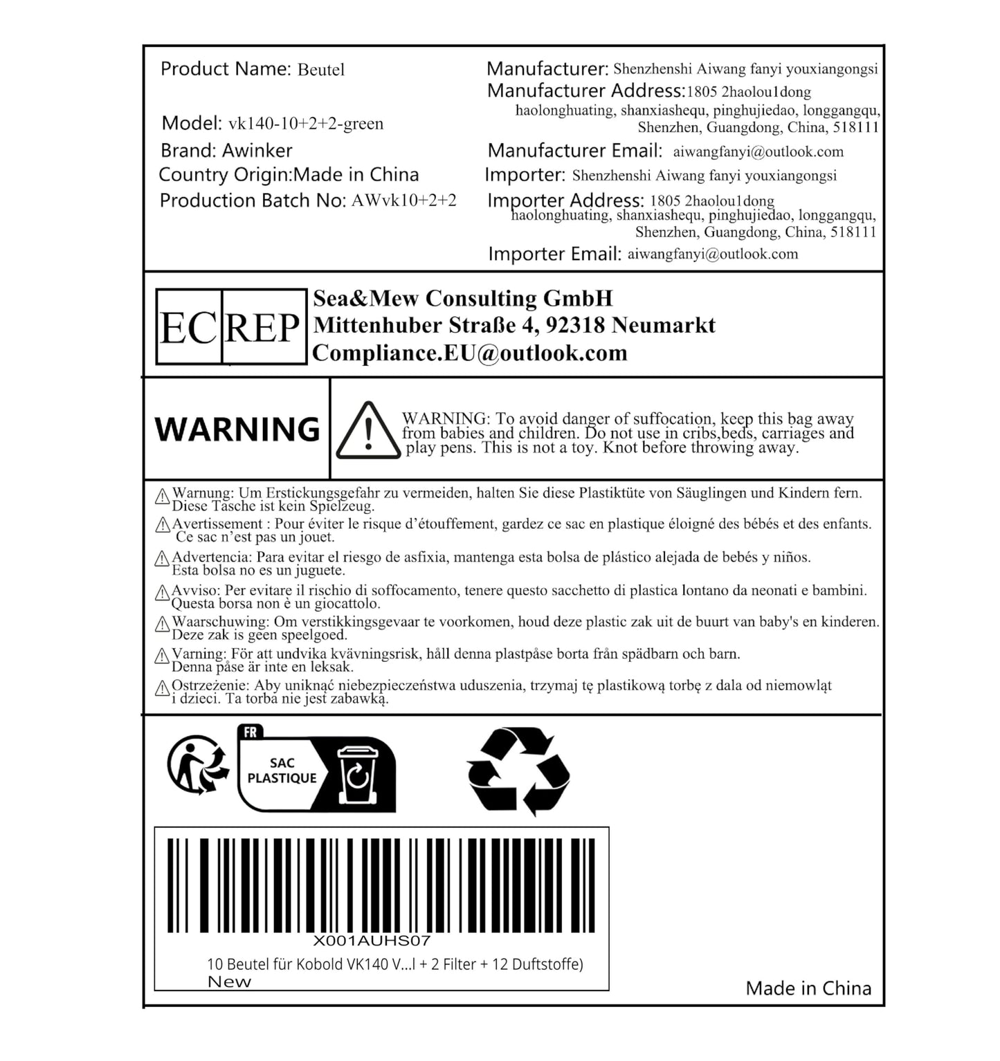 10 vacuum cleaner bags for Kobold VK140 VK150 with filters