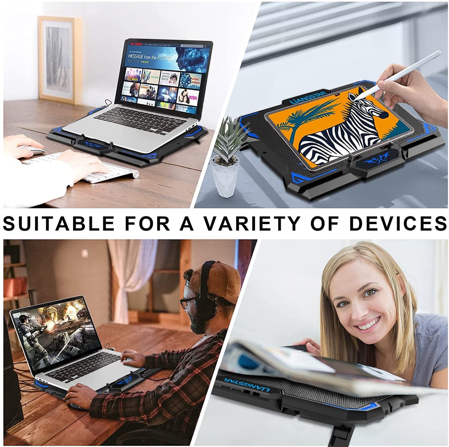 LIANGSTAR Laptop Cooler | Laptop Cooling Pads for 12-17 inch Notebook | 6 Fans with LEDs | 2200 RPM | Quiet Cooling | 2 USB Ports | 3 Height Adjustments | Cooling Pad Cooler Stand
