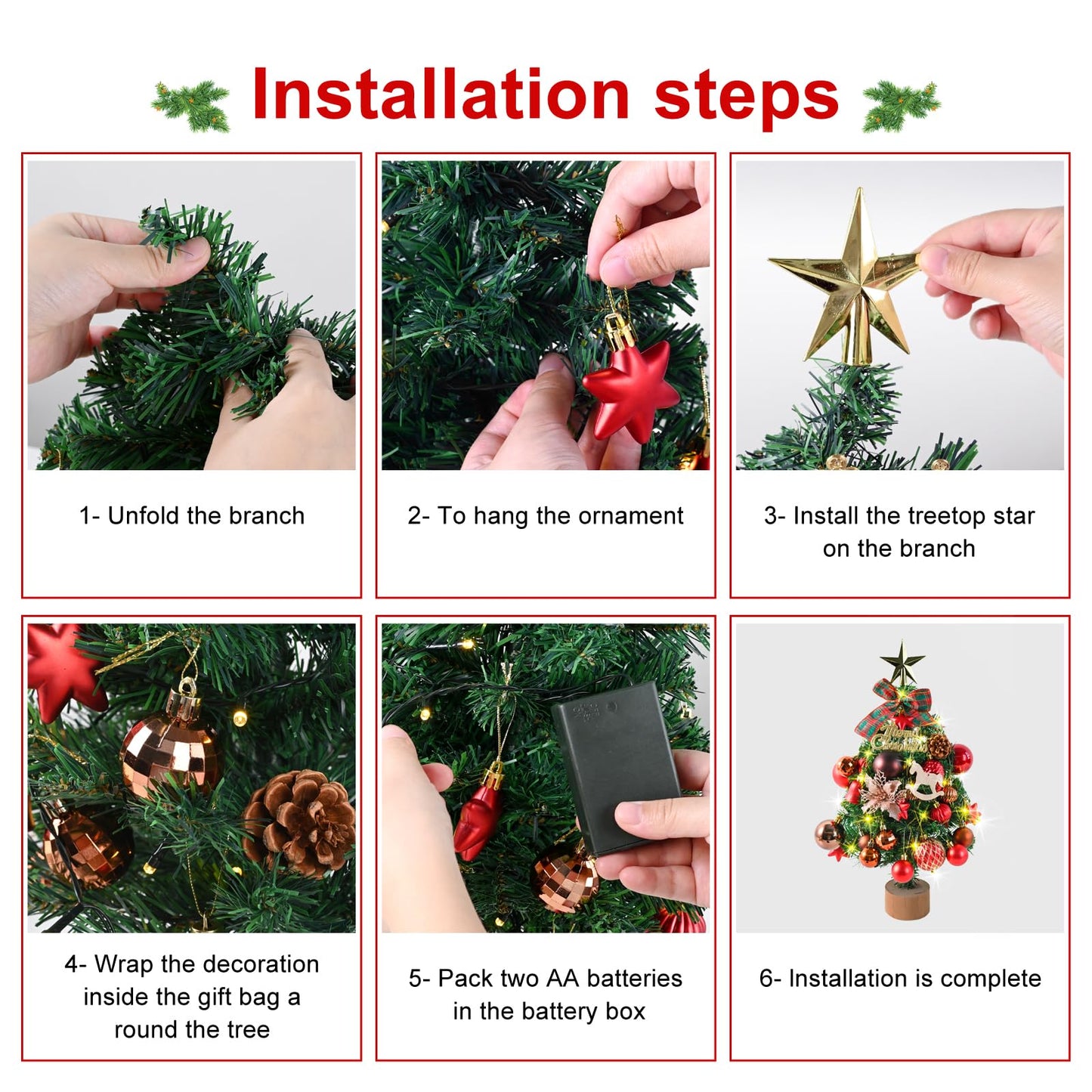 Artificial Christmas tree with 30 warm white LEDs 8 light modes KAMEUN 55CM Mini Christmas Tree Artificial, Flame Retardant PVC Pine Tree, Christmas Tree with Ornaments, Indoor Decoration