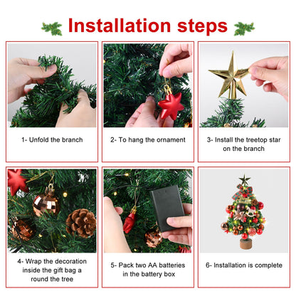 Artificial Christmas tree with 30 warm white LEDs 8 light modes KAMEUN 55CM Mini Christmas Tree Artificial, Flame Retardant PVC Pine Tree, Christmas Tree with Ornaments, Indoor Decoration
