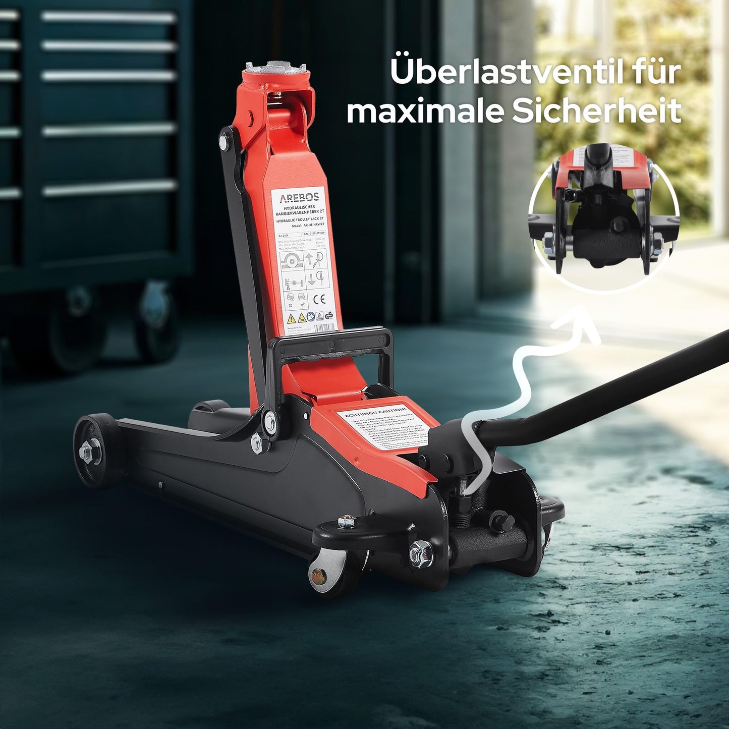 Arebos 2T Hydraulic Trolley Jack - Low-profile jack with lifting range of 85-385 mm - includes 4 rubber pads - jack for car vehicle automotive - sturdy jack & stand for workshop and garage.