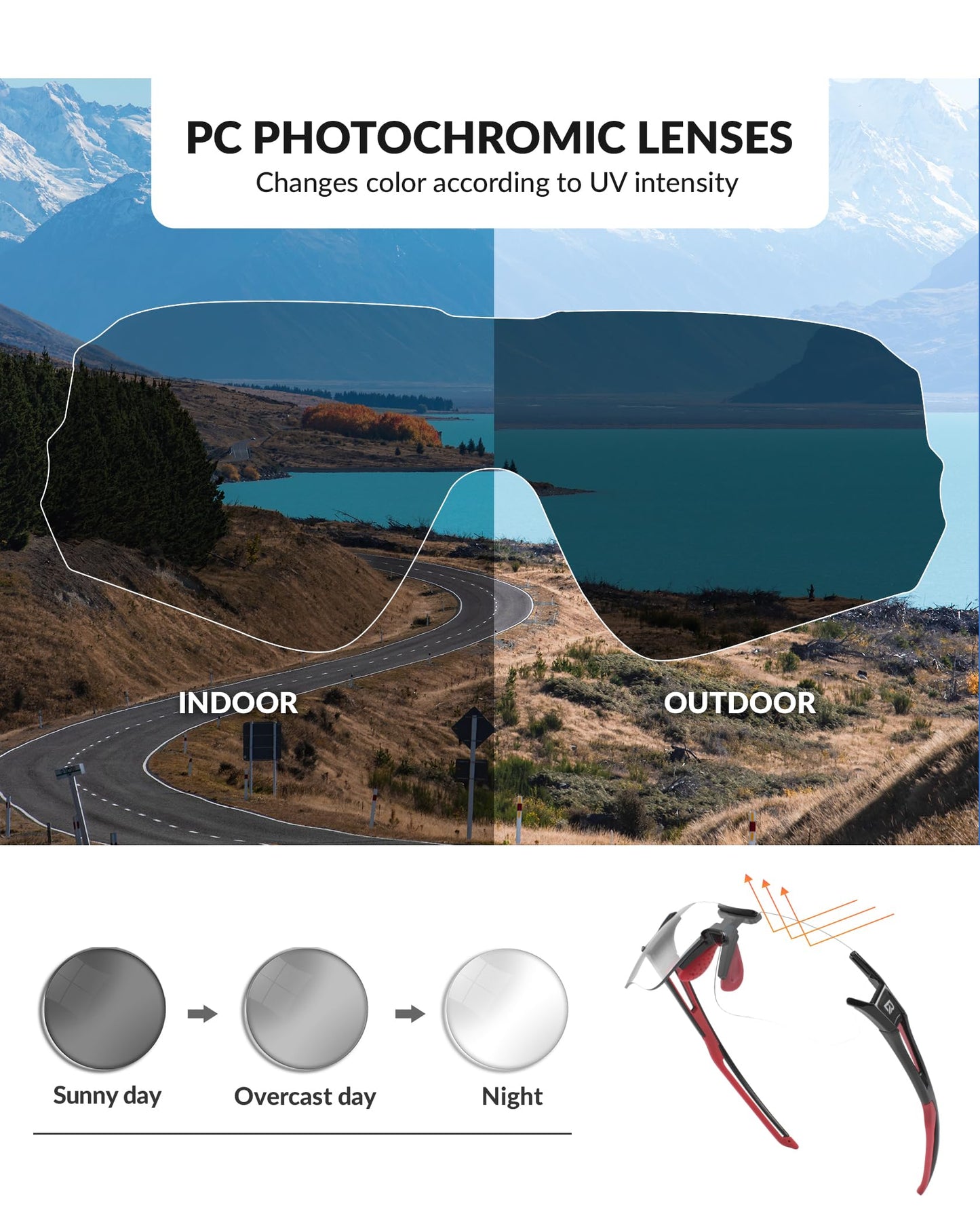 ROCKBROS Self-Tinting Bike Glasses for Men and Women, Photochromic Cycling Sunglasses with UV400 Protection, Transparent Lenses for Outdoor Sports