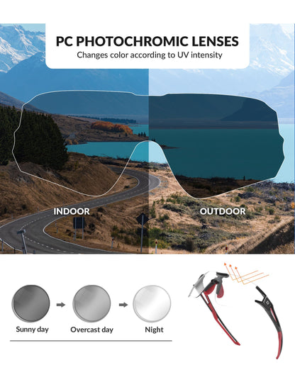 ROCKBROS Self-Tinting Bike Glasses for Men and Women, Photochromic Cycling Sunglasses with UV400 Protection, Transparent Lenses for Outdoor Sports