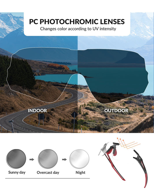 ROCKBROS Self-Tinting Bike Glasses for Men and Women, Photochromic Cycling Sunglasses with UV400 Protection, Transparent Lenses for Outdoor Sports