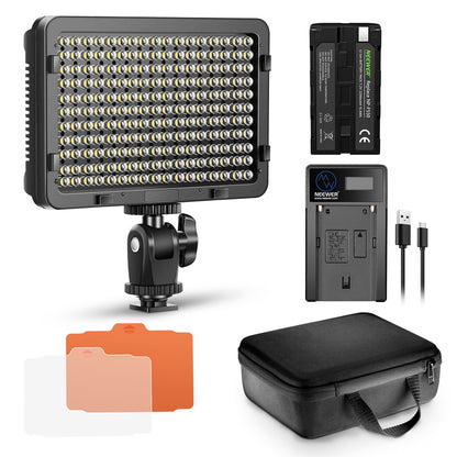 NEEWER 176 LED Video Light Set: Dimmable video light panel, streaming light with 2200mAh Li-Ion battery, key light with USB charger and carrying bag for product and portrait lighting camera photography.