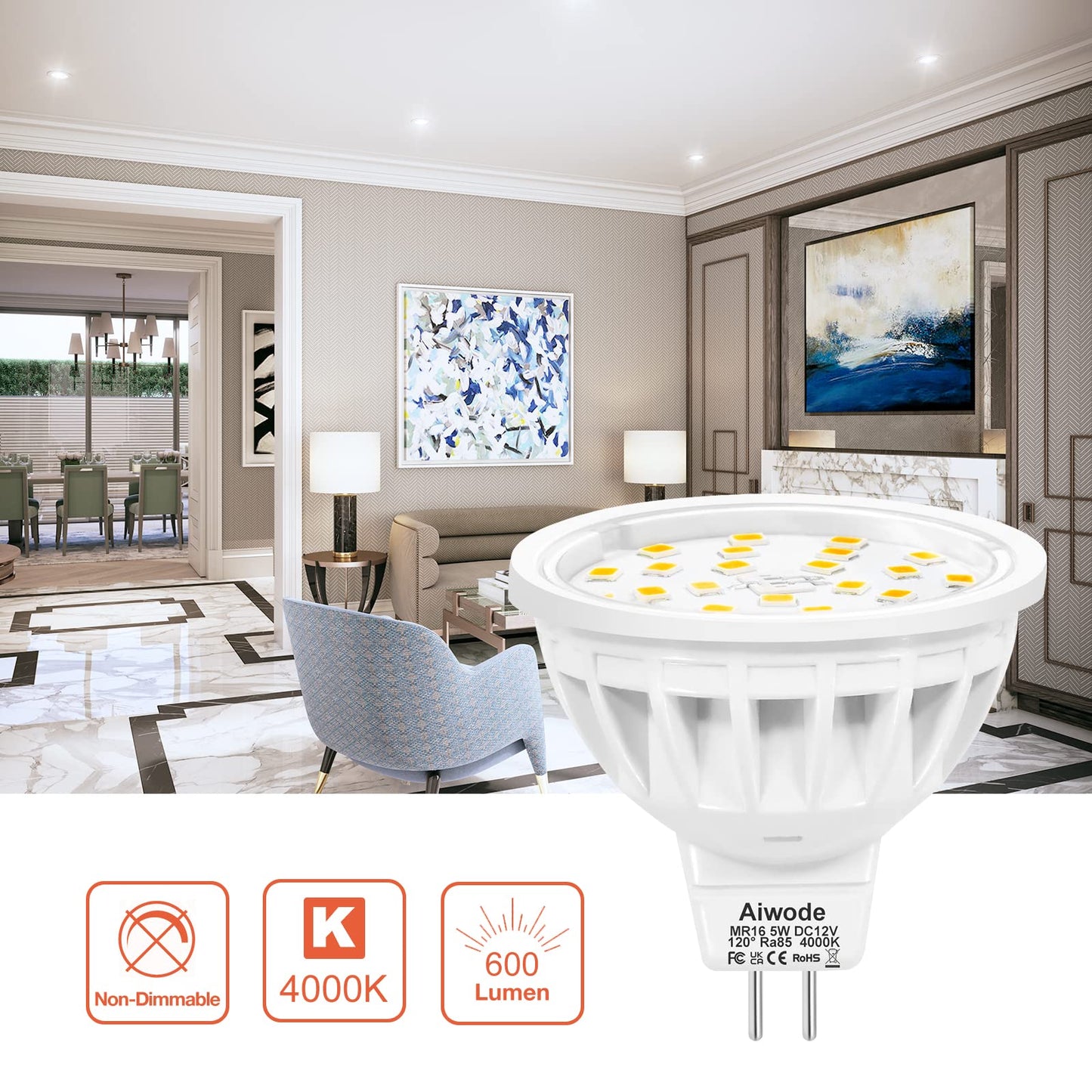 Aiwode GU5.3 MR16 LED Bulb, 5W Natural White 4000K, Replaces 50W Halogen Bulb, 600LM CRI85, 120° Beam Angle, DC12V Non-Dimmable Gu5.3 Spotlight, Pack of 10.