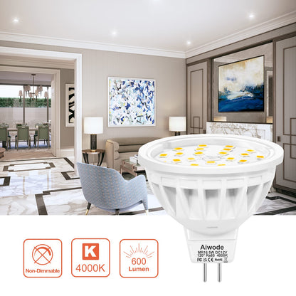 Aiwode GU5.3 MR16 LED Bulb, 5W Natural White 4000K, Replaces 50W Halogen Bulb, 600LM CRI85, 120° Beam Angle, DC12V Non-Dimmable Gu5.3 Spotlight, Pack of 10.