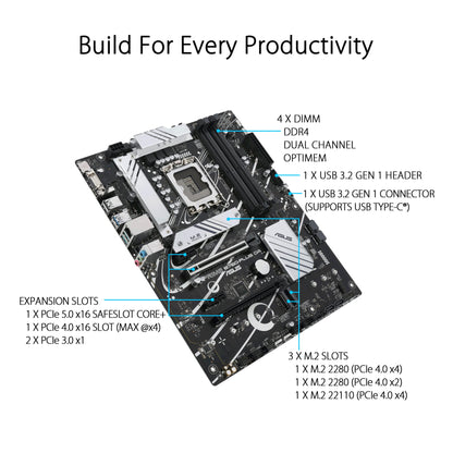 ASUS PRIME B760-PLUS D4 Gaming Motherboard Socket Intel LGA 1700 (Intel B760, ATX, DDR4 Memory, PCIe 5.0, 3x PCIe 4.0 M.2, Thunderbolt 4, Aura Sync)