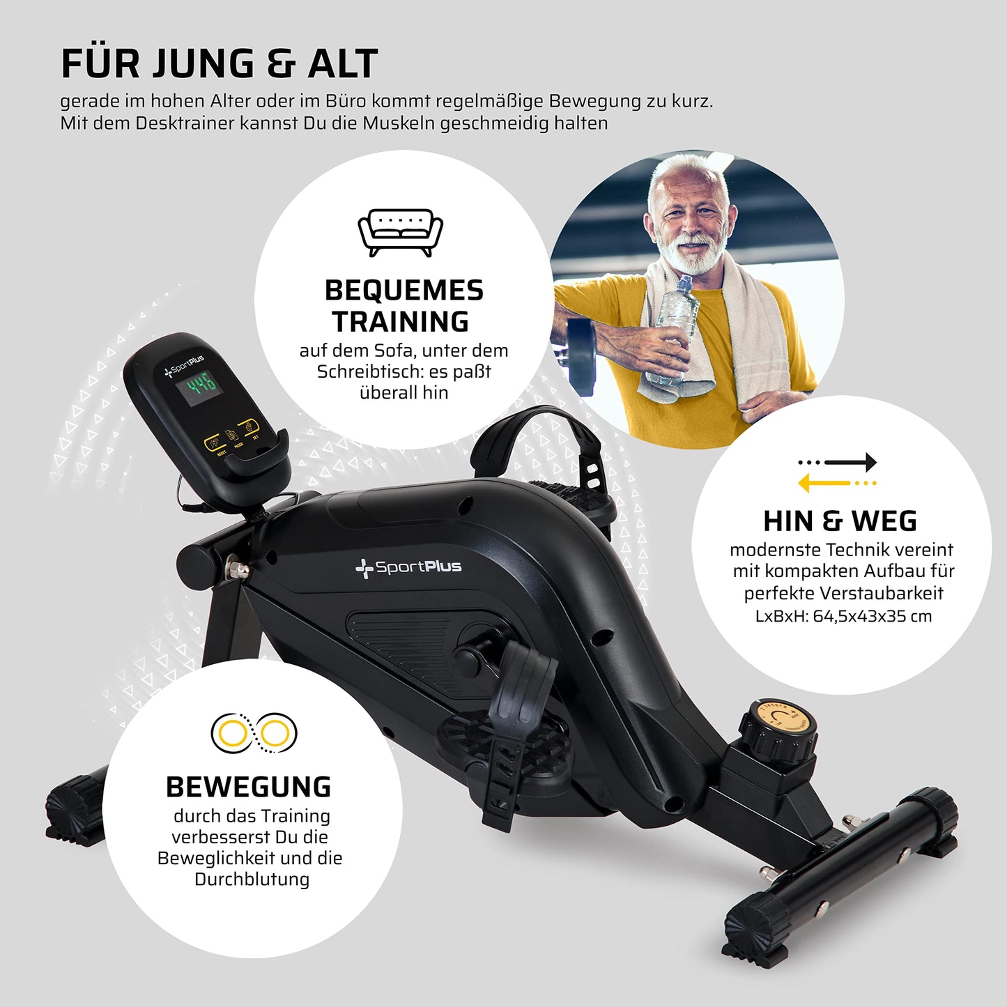 SportPlus leg trainer for home & office, mini home trainer with magnetic brake & 8 resistance levels, with training computer, extra wide pedals, app compatible | exercise bike | mini bike