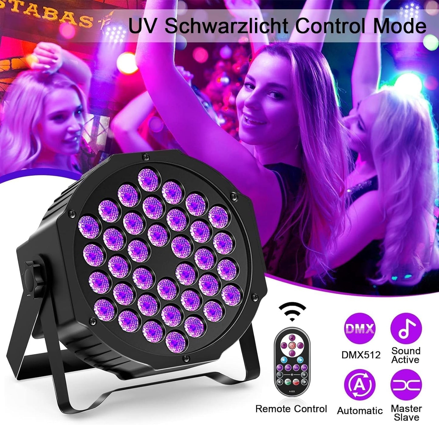 4 Blacklight UV Par Lights 36 LED DMX512 with remote control black light lamp with color changing via sound/auto disco light for DJ party bar Halloween wedding artistic photos.