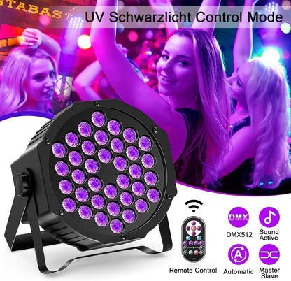 4 Blacklight UV Par Lights 36 LED DMX512 with remote control black light lamp with color changing via sound/auto disco light for DJ party bar Halloween wedding artistic photos.