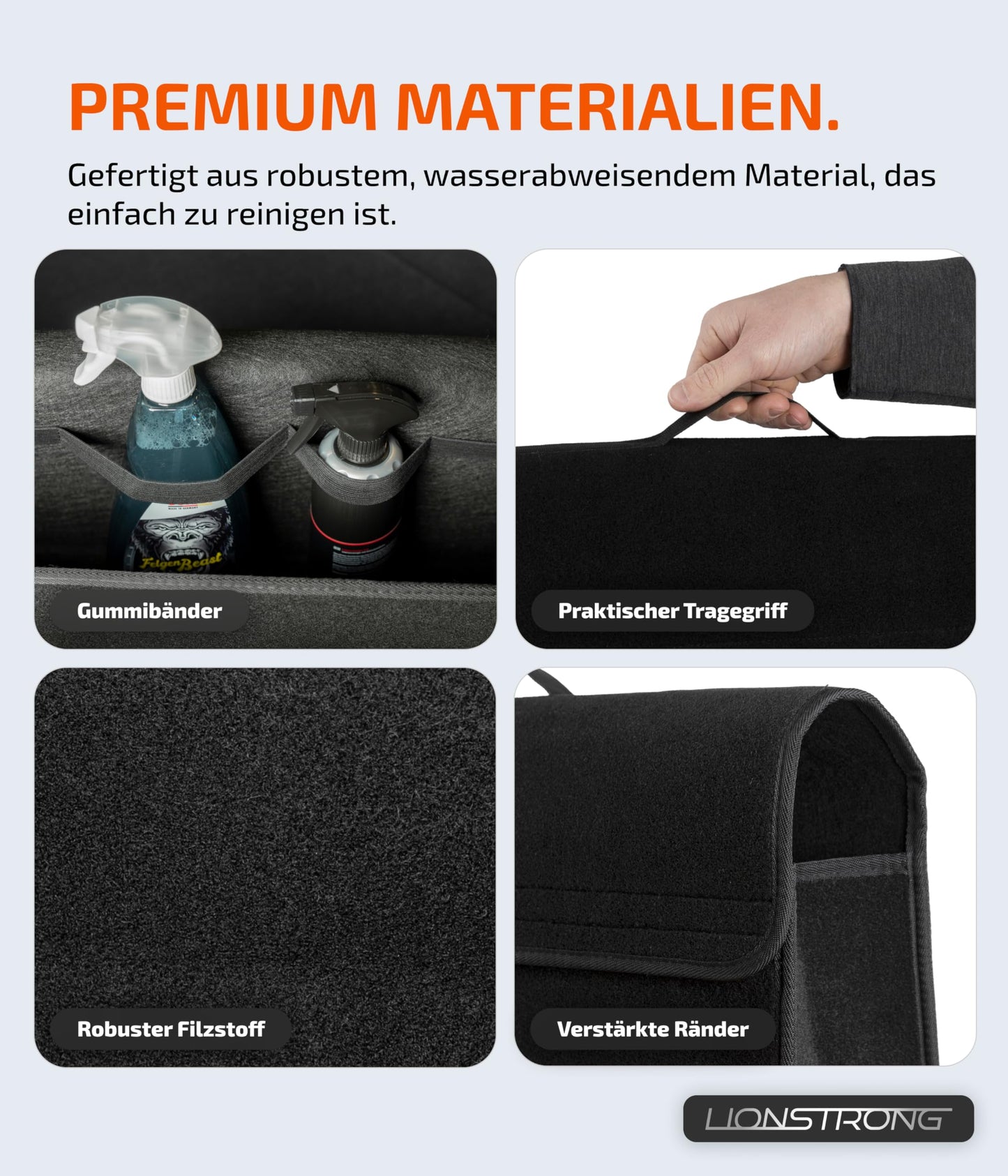LIONSTRONG Car Trunk Organizer [PREMIUM FELT] - Foldable - Non-Slip with Velcro straps for attachment - Tool bag - Car accessories - Universally suitable for all cars.
