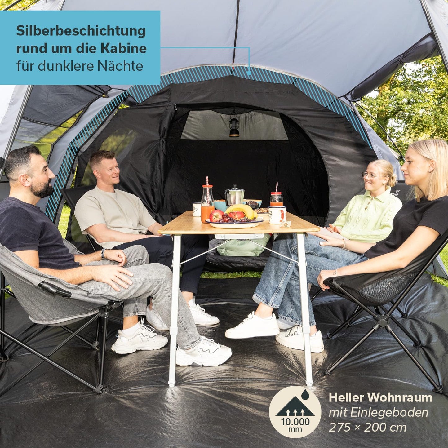 Skandika Kambo tunnel tent for 4 people | tent with sleeping cabin for 4 men, waterproof with 3000mm water column, 3 entrances, sunshade, awning | camping tent in grey/beige
