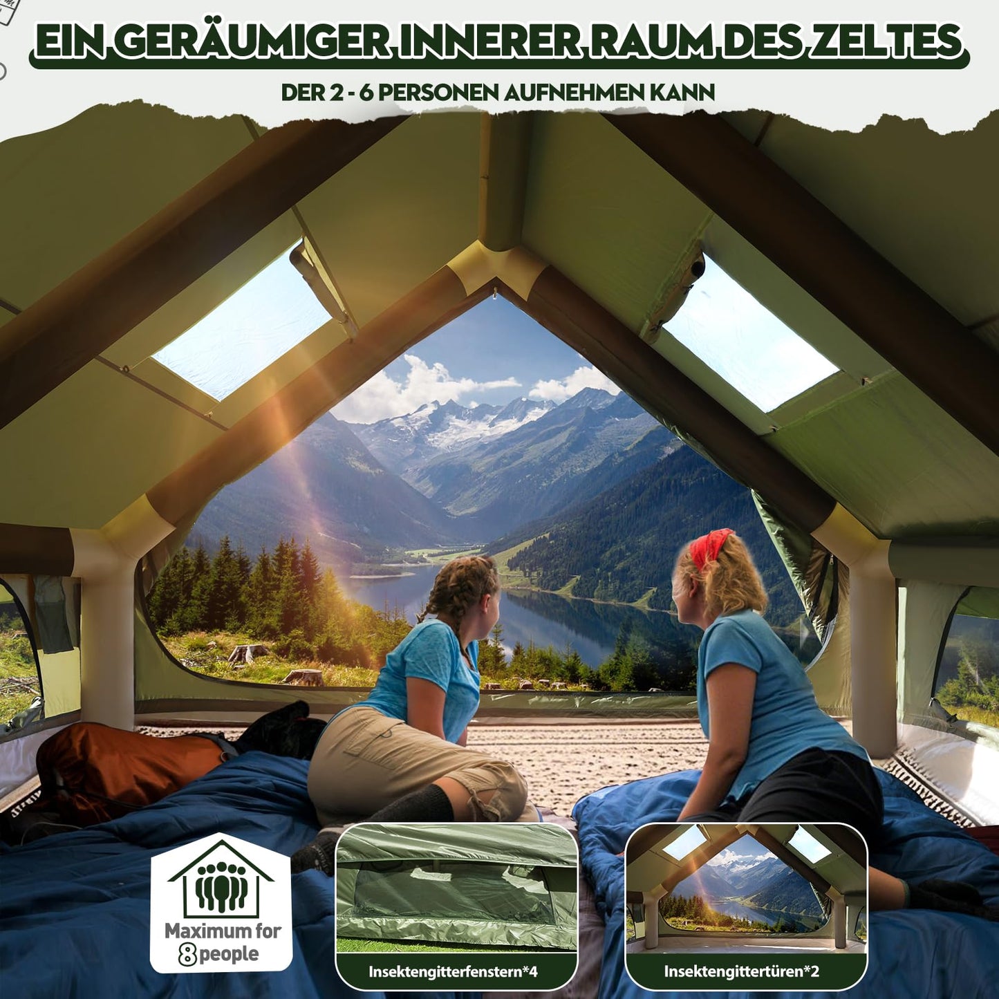 Inflatable camping tent, 420D Oxford Glamping Inflatable tent for camping with fireplace opening & roof window, 4 Season Windproof Anti-UV Oxford Cabin tent with mesh windows & doors for 6-12 people.