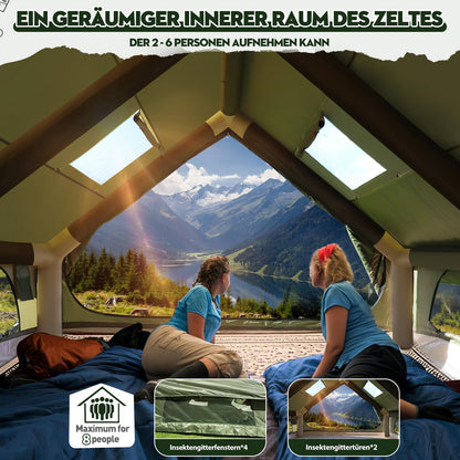 Inflatable camping tent, 420D Oxford Glamping Inflatable tent for camping with fireplace opening & roof window, 4 Season Windproof Anti-UV Oxford Cabin tent with mesh windows & doors for 6-12 people.