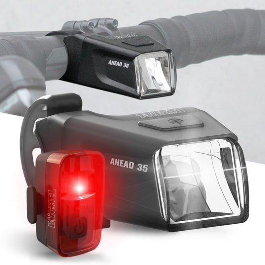 Büchel Ahead bicycle lights set I 35/15 lux design centered on the handlebar StVZO approved Rechargeable LED bike light for front + rear taillight, bike light, black