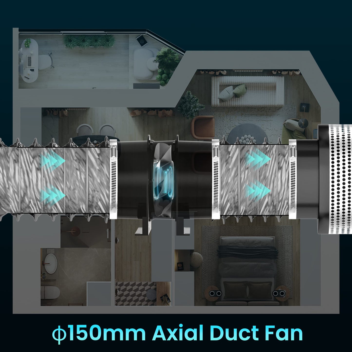 HG Power 150mm axial pipe fan, exhaust fan quiet 323m³/h axial fan duct fan energy-saving bathroom fan pipe fan for kitchen bathroom garage grow tent