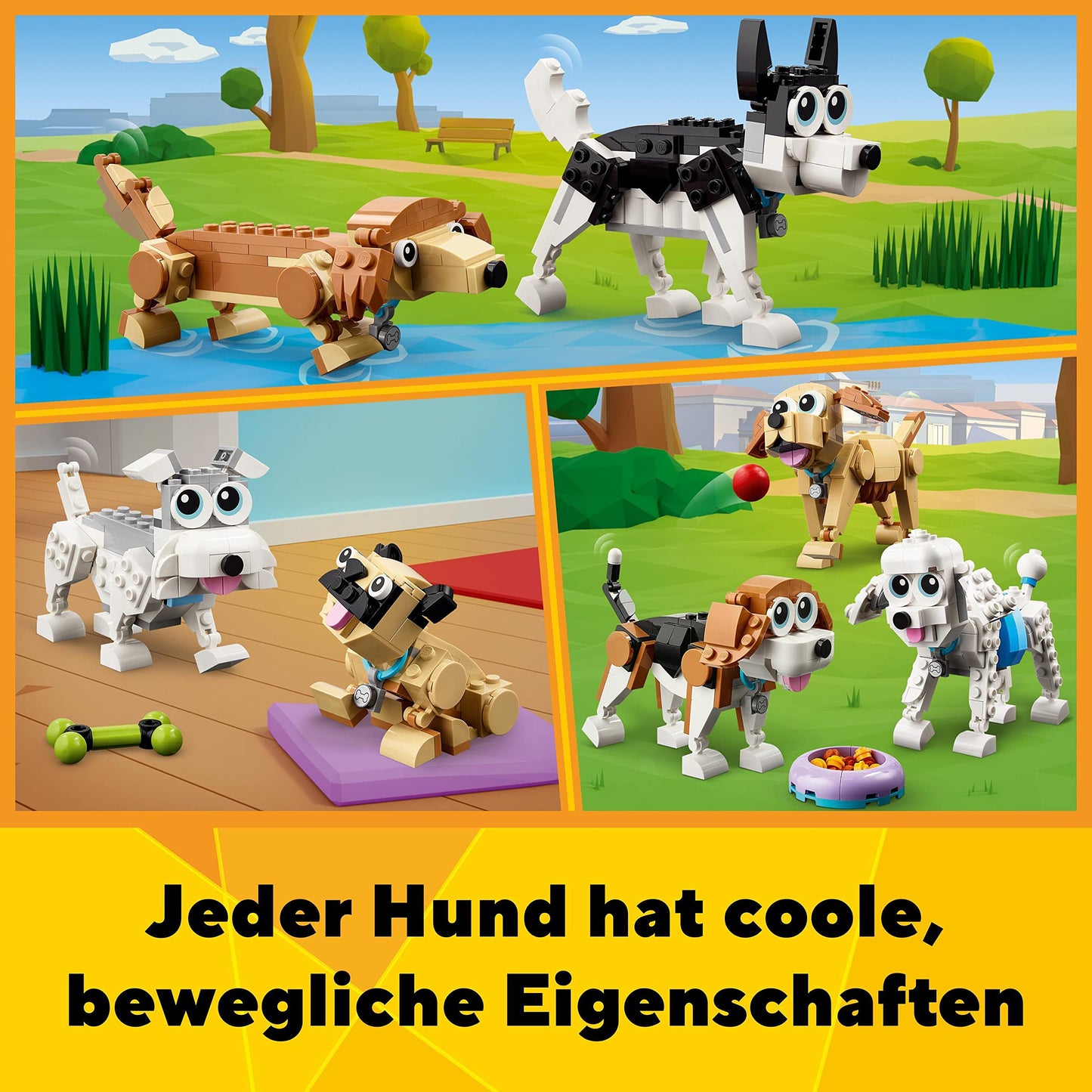 LEGO 31137 Creator 3in1 Cute Dogs Set with dachshund, pug, poodle figures and more, toy for kids 7+, gift for dog lovers.