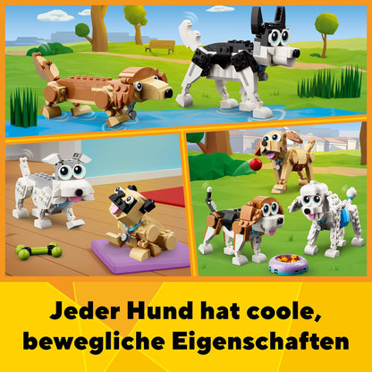 LEGO 31137 Creator 3in1 Cute Dogs Set with dachshund, pug, poodle figures and more, toy for kids 7+, gift for dog lovers.