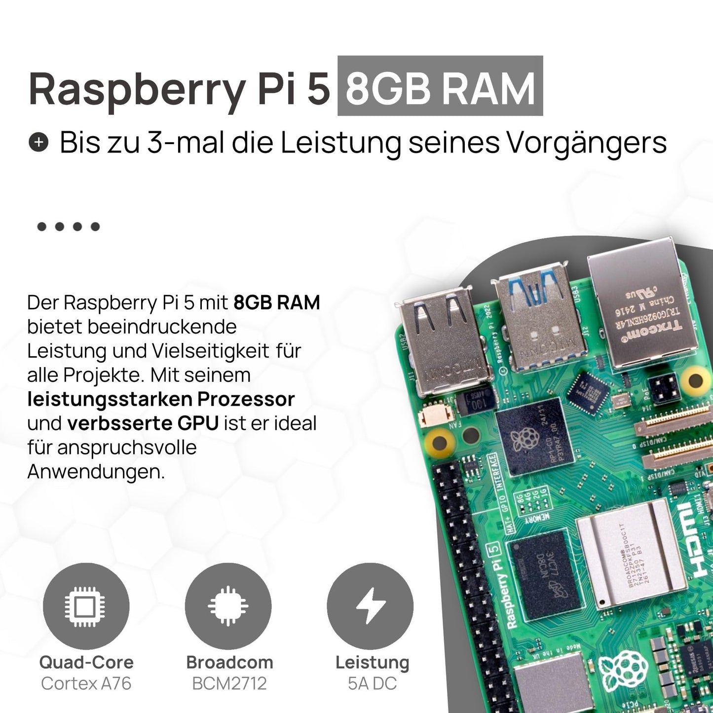 Raspberry Pi 5 8GB PCIe M.2 NVMe - Set | Metal Case | Active Cooler | M.2 NVMe SSD PCIe Board | Official USB-C 27W Power Supply | 64GB Edition | 4K Micro HDMI