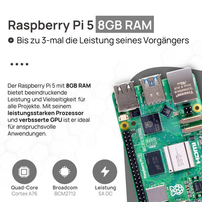 Raspberry Pi 5 8GB PCIe M.2 NVMe - Set | Metal Case | Active Cooler | M.2 NVMe SSD PCIe Board | Official USB-C 27W Power Supply | 64GB Edition | 4K Micro HDMI