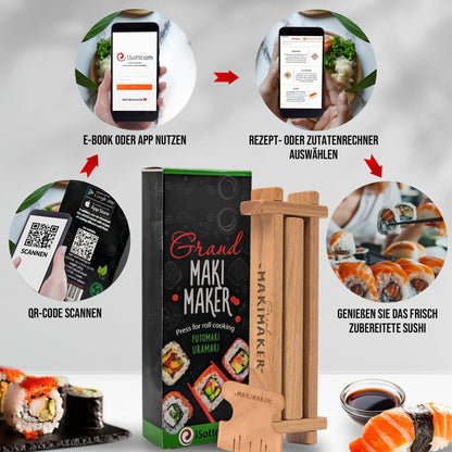 iSottcom Buchenholz Sushi Maker - Make your own Japanese sushi rolls easily - Maki set including recipe app, gift box, and instructions - Perfect sushi gift for beginners & pros.