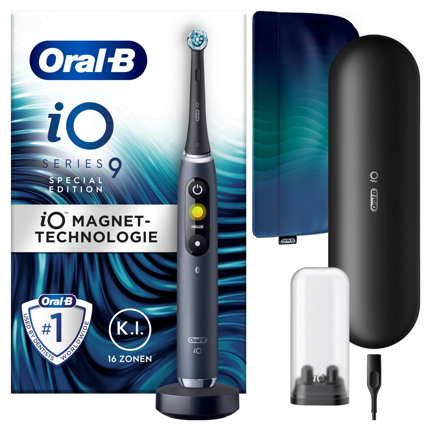 Oral-B iO Series 9 Electric Toothbrush, with 7 cleaning modes, tooth care, charging travel case & beauty pouch, Special Edition in black onyx.