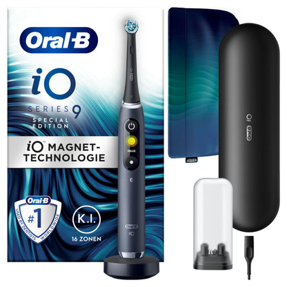 Oral-B iO Series 9 Electric Toothbrush, with 7 cleaning modes, tooth care, charging travel case & beauty pouch, Special Edition in black onyx.